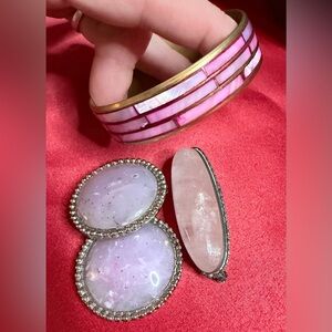 Purple and Pink Lucite Set Bracelet Earrings And Brooch Silver Jewelry Set